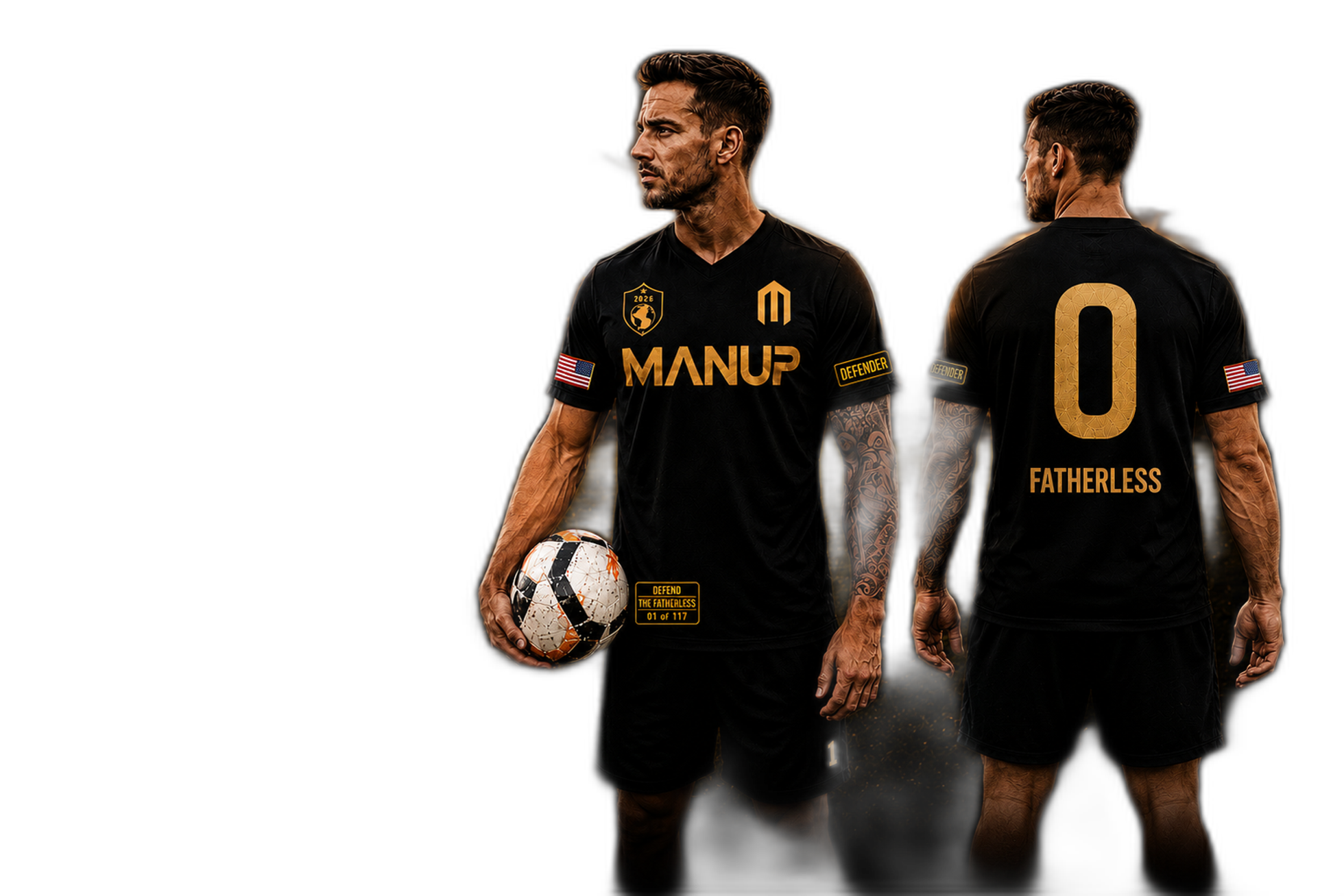 Two men wearing MANUP Defender jerseys with the background removed so the stadium is visible behind them