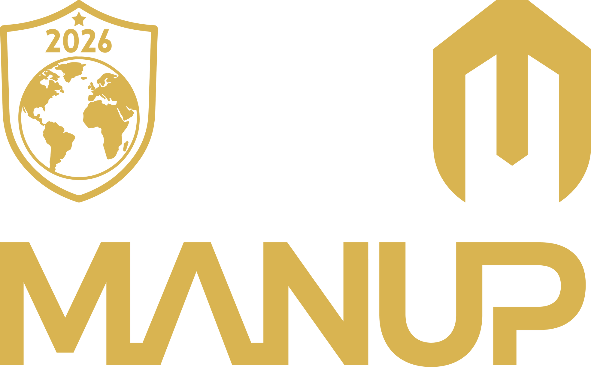 The jersey art: 2026 globe shield, the shield M mark and the MANUP wordmark in gold